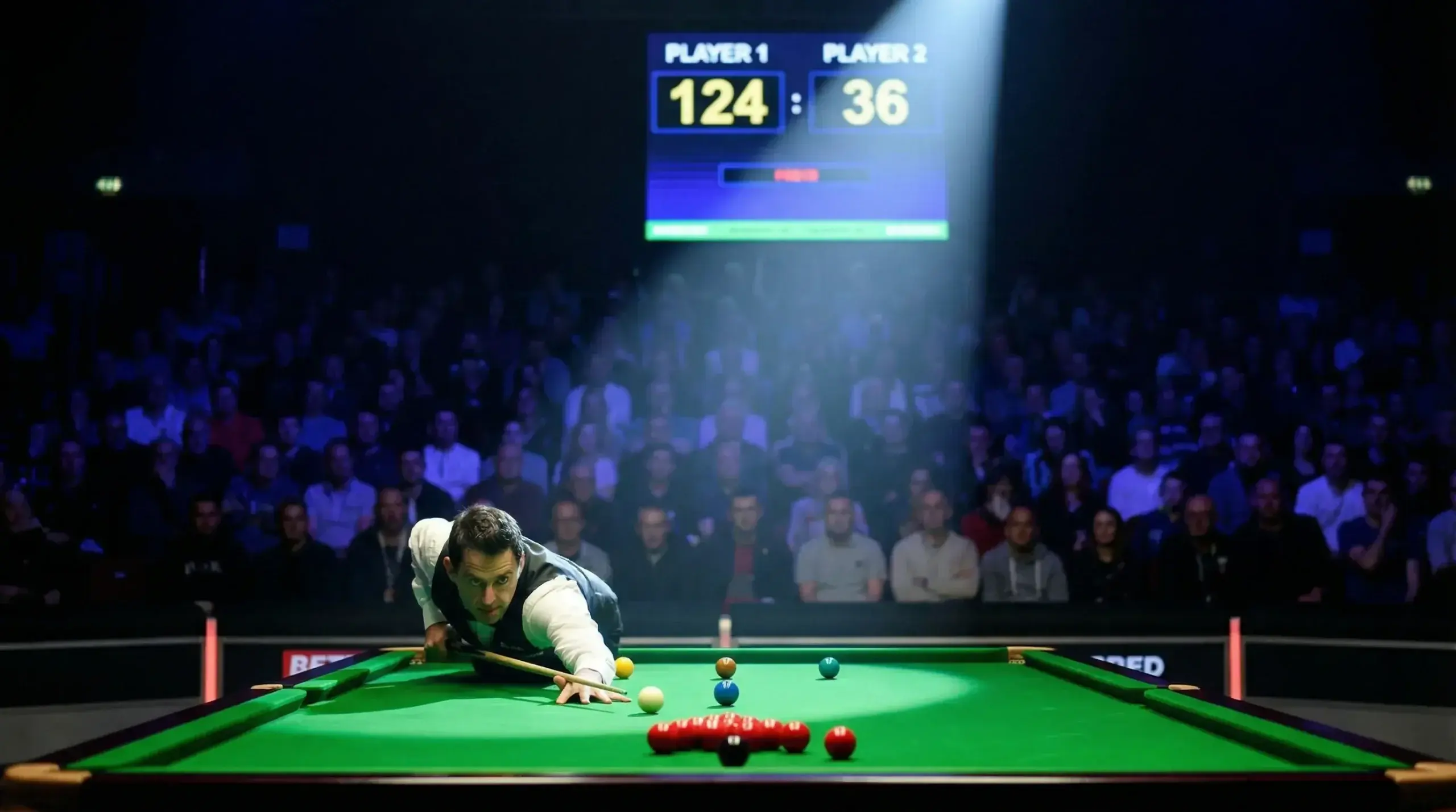 Snookerzysta wykonujący century break przy stole z wyświetlaczem pokazującym 100+ punktów