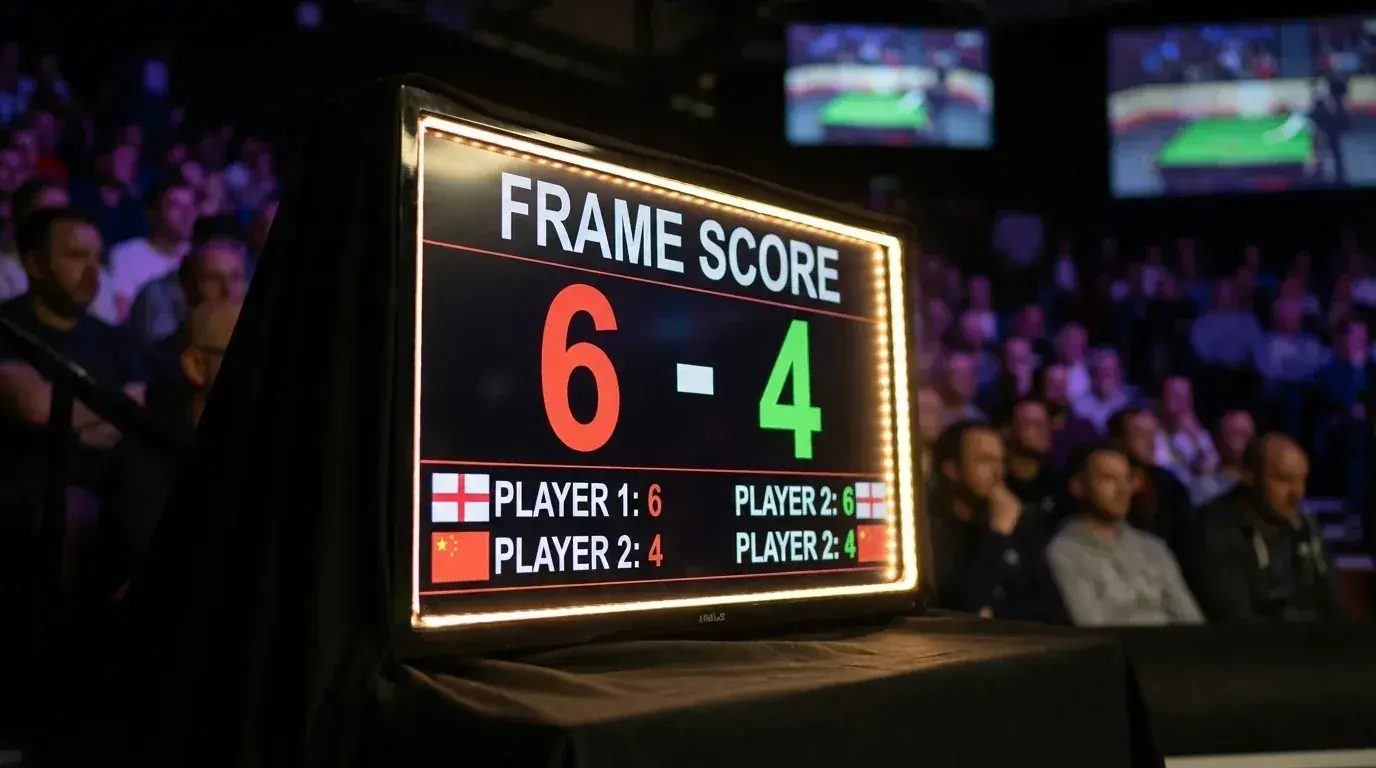 Tablica wyników meczu snookerowego pokazująca dokładny wynik frame