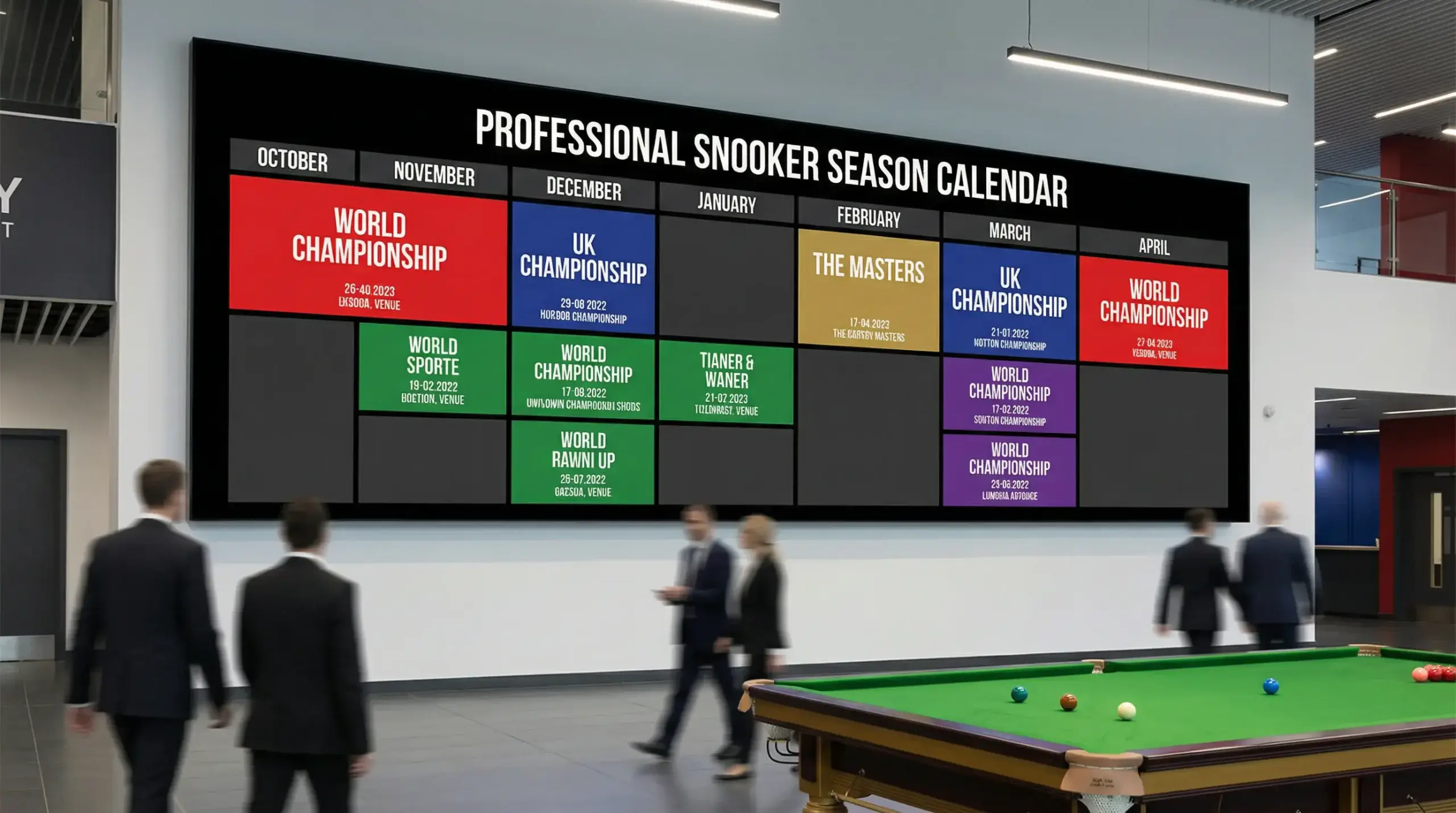 Kalendarz sezonu snookerowego z zaznaczonymi ważnymi turniejami