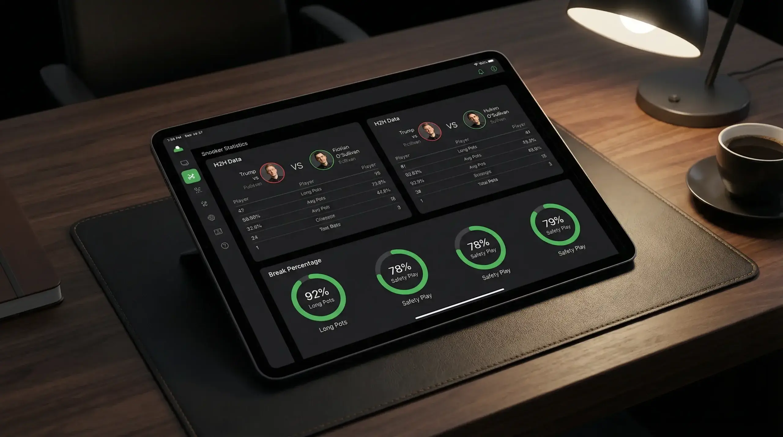 Tablet z aplikacją do analizy statystyk snookerowych przed obstawianiem